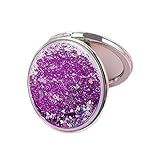 HSYHERE Espelho De Maquiagem Criativo Areia Movediça Dupla Face Portátil Compacto Espelho De Maquiagem Glitter Dobrável Moda Espelho De Mão Portátil Bolso De Viagem Espelho De Maquiagem Roxo Redondo 
