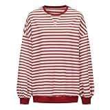 Hthcheng Blusa Feminina Solta Listrada Colorida Gola Redonda Manga Longa Pulôver Y2k Blusa De Outono Grande, Vermelho E Branco, M