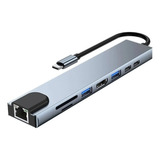 Hub Adaptador 8x1 Usb Hdmi Type C Rj45 Sd Para Notebook Mac 4k Cor Cinza