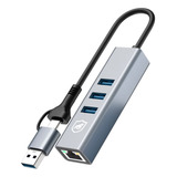 Hub Usb-c Multiportas Com Adaptador Usb-a, Conector Ethernet Lan + 3 Portas Usb 3.0 De Até 5 Gbps, Liga De Alumínio Portátil Para Periféricos, Tablet, Computador E Notebook - Gshield