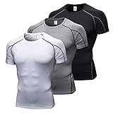 HUIOP Pacote Com 3 Camisas Masculinas De Manga Curta De Secagem Rápida Corrida Fitness Atlético Treino Baselayer Top Camisa De Compressão