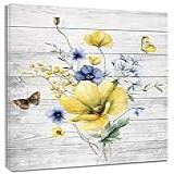 HVEST Arte De Parede Floral De Casa De Fazenda Para Sala De Estar Arte De Parede Em Tela De Flor Azul E Amarela E Borboleta Arte De Parede Emoldurada De Quadros De Madeira Retrô Para Decoração De Parede De Banheiro De Quarto 40 6 Cm X 61 Cm Pronto Para Pendurar