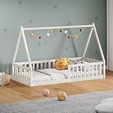 IDIMEX Cama Infantil Madeira Branco Grade Montessori Casinha De Chão Nicolas