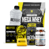 Iridium Kit Mega Whey Creatina Cáps Kimera 30comps Polivitamínico 30comps Galão 950ml Porta Cápsulas Sabor Baunilha