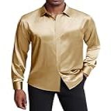 J-VER Camisa Social Masculina De Cetim De Seda Manga Longa Brilhante Casual Com Botões Camisas De Festa De Formatura De Luxo- Campeão Dourado- G