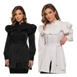 Jaleco Feminino Acinturado Babados Zíper Gabardine Anne Full