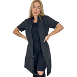 Jaleco Feminino Oxford Ziper Manga Curta Slim Acinturado