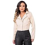 Jaqueta Estilosa Couro Ecológico Bege Feminino Blusa De Frio Donna Martins Cor Bege Tamanho G