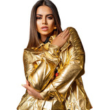 Jaqueta Feminina Bomber Metalizada De Botão Luxo Fashion