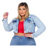 Jaqueta Jeans Cropped Plus Size Feminina Com Abertura Botão