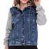 Jaqueta Jeans Feminina Com Capuz E Manga Moletom Casual