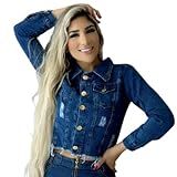 Jaqueta Jeans Feminina Escura Estilo Destruído 100 Algodão Botões BR Alfa P Regular Regular Azul Escuro 