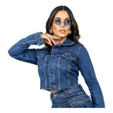 Jaqueta Jeans Feminina Lavagem Escura Manga Comprida Botões