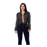 Jaqueta Jeans Feminina Militar Curta Resinada Tipo Couro