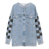 Jaqueta Jeans Feminina Rock Quadriculada Patch Xadrez