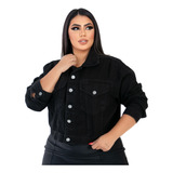 Jaqueta Jeans Plus Size Manga Comprida Preta Lisa Básica