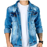 Jaqueta Masculina Jeans Sarja Detalhes Rasgada Destroyd