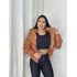 Jaqueta Puffer Couro  Feminina Gola Alta Com Ziper Botões