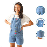 Jardineira Macaquinho Jeans Feminina Infantil Juvenil Menina