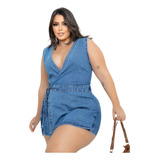 Jardineira Macaquinho Jeans Plus Size De Alça Macaquito