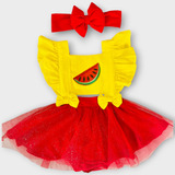Jardineira Romper Body Melancia Frutas Roupa De Bebe Menina