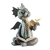 Jarpsiry Linda Estátua De Dragão Lendo Livro, 14 Cm De Altura Dinossauro Segurando Estatuetas De Borboleta Arte Escultura De Resina Decoração De Jardim Ao Ar Livre Ornamentos De Mesa Para Casa