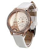 JewelryWe Relógios Femininos De Couro Rosa Com Detalhes Em Strass E Torre Eiffel- Para O Dia Dos Namorados- Branco