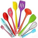 JG Kit 10 Peças Jogo De Utensílios De Silicone Maciço Cozinha Inox Pegador Espátula Colher Concha Pincel Colorido 