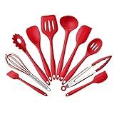 JG STORE Kit 10 Peças Jogo De Utensílios De Silicone Maciço Cozinha Inox Pegador Espátula Colher Concha Pincel  Vermelho 