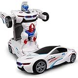 JIANW Carro A Pilha Vira Robô Emite Som E Luz Led Brinquedo Branco Interativo Inteligente Transformável Premium