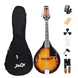 JinQu Instrumento Bandolim Modelo A Para Iniciantes- Crianças- Adultos- Seleção De Bandolim Acústico De 8 Cordas De Abeto E Sabili- Kit Iniciante- Afinador- Cordas- Tiras- Palheta- Pano De Limpeza-