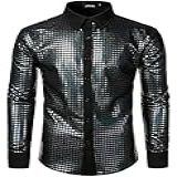 JOGAL Camisa Social Masculina Com Lantejoulas Abotoadas Camisas De Manga Comprida Fantasia De Festa Discoteca Dos Anos 70- Preto- Medium