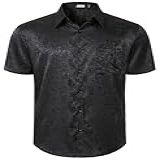 JOGAL Camisas Masculinas De Cetim Jacquard Caimento Regular- Casual- Manga Curta- Abotoada- Festa- Formatura- Casamento- Preto- GG