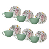 Jogo 06 Xicaras De Chá E Pires Porcelana 250 Ml Floral Verde