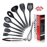 Jogo 10 Colheres De Silicone Cabo Inox Utensílios Cozinha