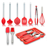 Jogo 10 Colheres De Silicone Cabo Inox Utensílios Cozinha