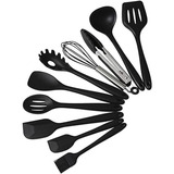 Jogo 10 Colheres De Silicone Cabo Inox Utensílios Cozinha