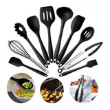 Jogo 10 Utensílios Silicone Preto Colher Concha Pegador