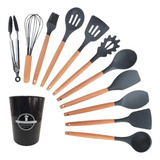 Jogo 11 Colheres De Silicone Cabo Madeira Utensílios Cozinha
