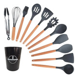 Jogo 11 Colheres De Silicone Cabo Madeira Utensílios Cozinha