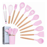 Jogo 11 Colheres De Silicone Cabo Madeira Utensilios Cozinha