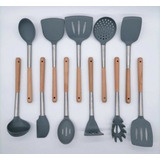 Jogo 11 Utensílios Silicone Inox Madeira Cinza Colher Concha