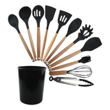 Jogo 12 Colheres De Silicone Bambu Utensílios Cozinha Concha