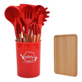 Jogo 12 Peças Utensílios Silicone Colher Kit Bandeja Bambu