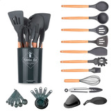 Jogo 13 Peças De Silicone bambu Utensílios Cozinha Madeira Cor Cinza