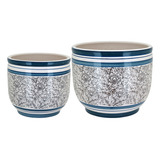 Jogo 2 Peças Cachepô Vaso Decorativo Planta Cerâmica Azul