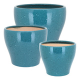 Jogo 3 Peças Cachepô Vaso Decorativo Planta Cerâmica Azul
