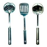 Jogo 3 Utensílios Cozinha Inox Espátula Concha Escumadeira