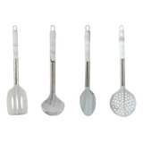 Jogo 4 Pçs Escumadeira Colher Concha Espátula Silicone Inox Cor Marmorizado Cinza