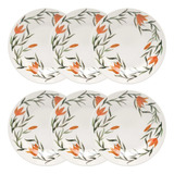 Jogo 6 Prato Raso 24 Cm Lírios Bionna Cor Verde Laranja E Off White Florido